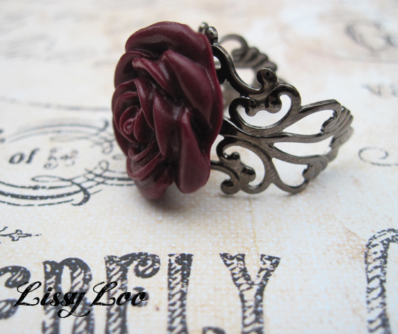 Burgandy Filigree Rose Rings 