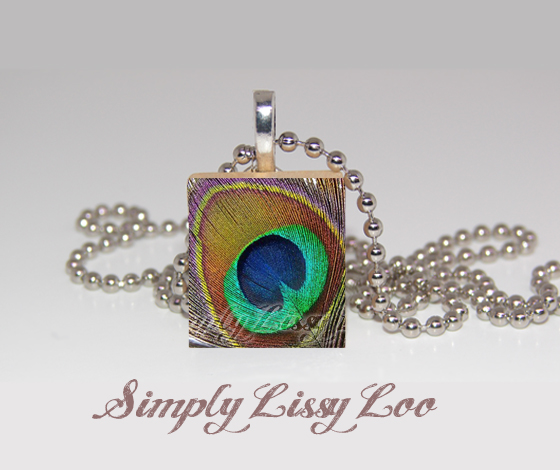 Gold Peacock Feather Scrabble tile Necklace