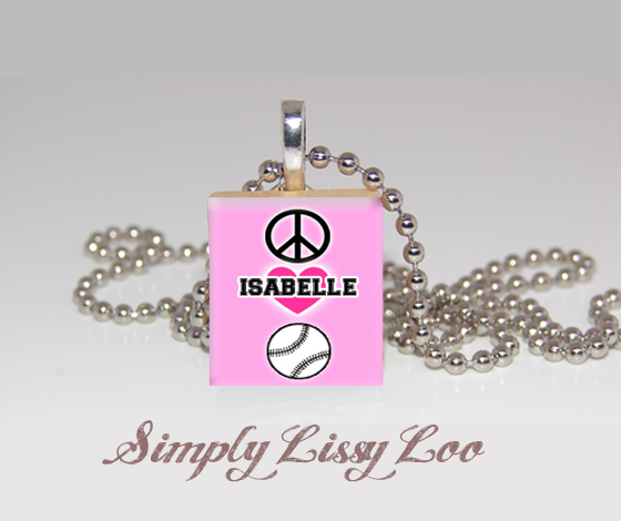 Peace Love Soft ball Personalized Scrabble Tile Necklace 