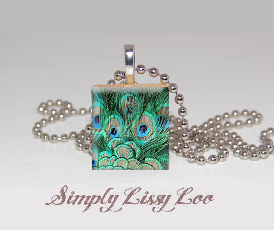 Peacock Feather Scrabble Tile Necklace 