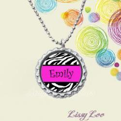 Personalized Zebra and Pink  Bottle cap necklace