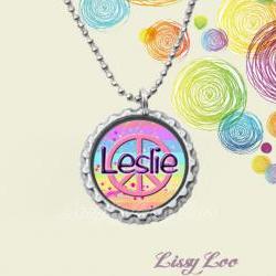 Girly Peace Sign  Personalized Bottle Cap Necklace