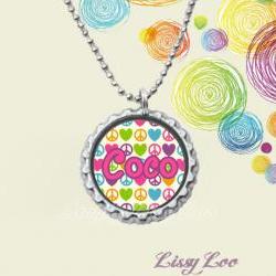 Peace Sign and Hearts  Personalized Bottle Cap Necklace