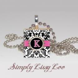 Custom Damask Initial   Scrabble Tile Necklace