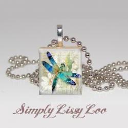 Dragon Fly with Flowers Scrabble Tile Necklace