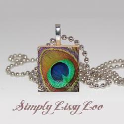 Gold Peacock Feather Scrabble tile Necklace